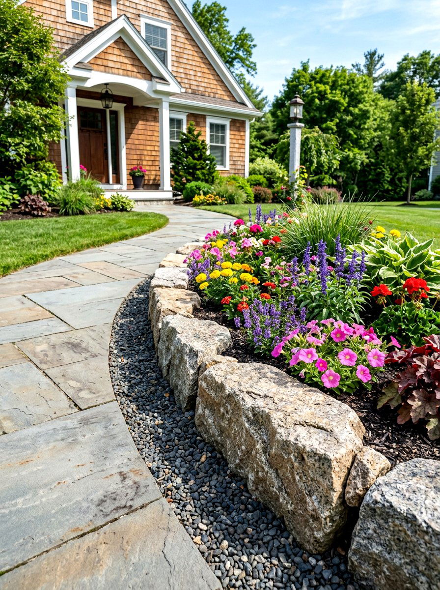 Natural Stone Step Border - 30 rock mulch front yard ideas