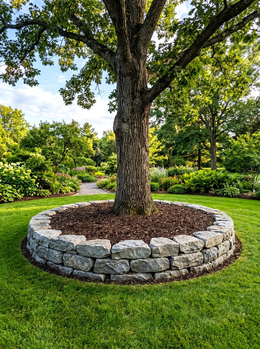 Natural Stone Tree Ring - 30 tree border landscaping ideas