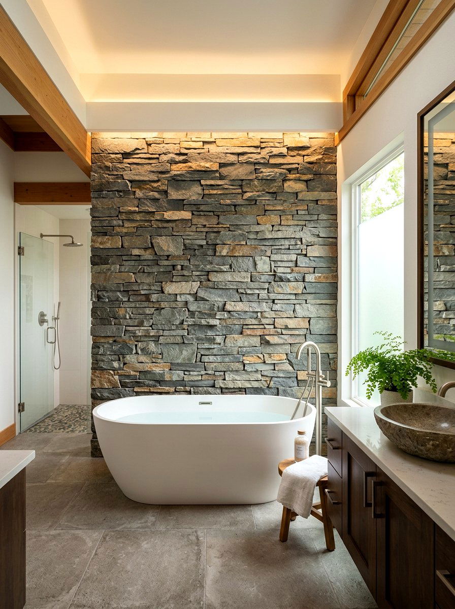Natural Stone Wall - 30 rustic spa bathroom ideas