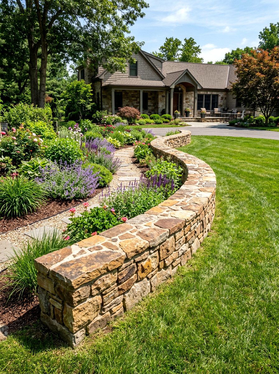 Natural Stone Wall - 30 asymmetrical front yard landscaping ideas