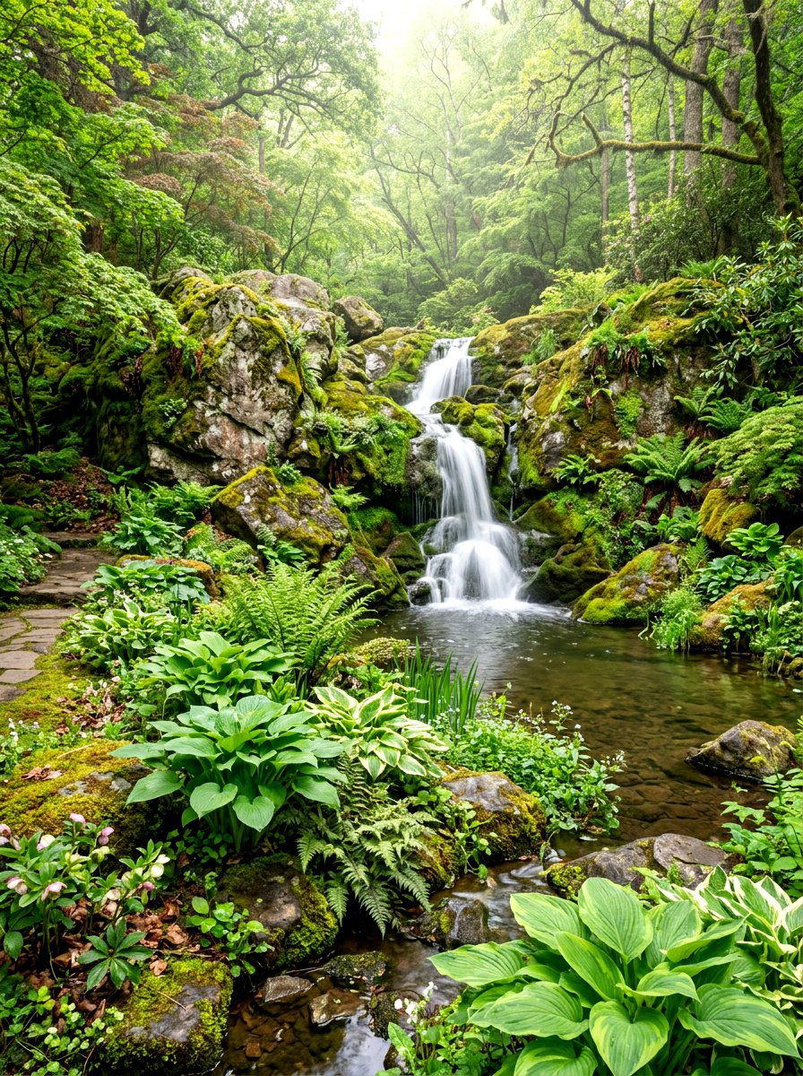 Natural Waterfall Feature - 30 woodland shade garden ideas