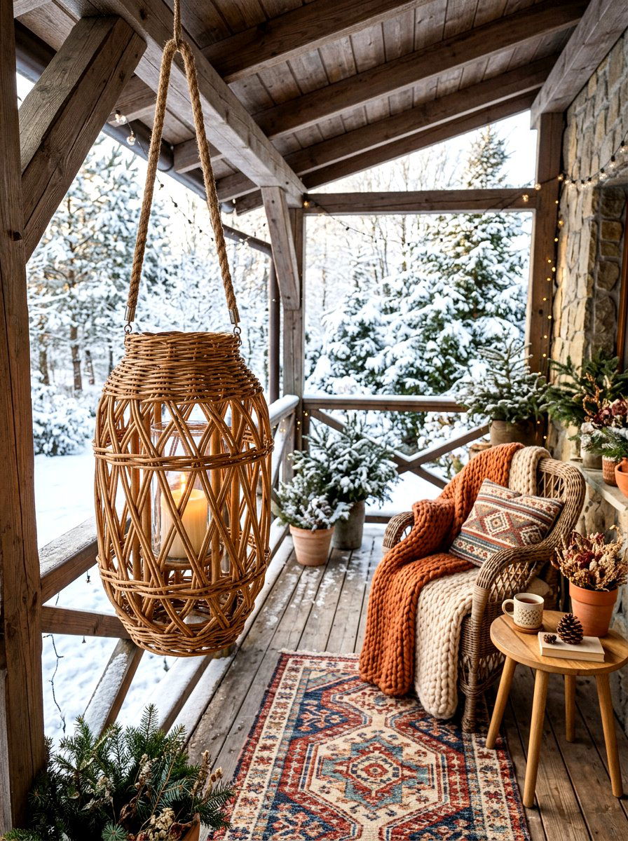 Natural Wicker Lantern For Winter - 30 winter porch lantern ideas