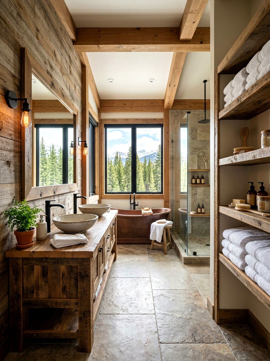 Natural Wood Bathroom - 30 ski lodge holiday decor ideas
