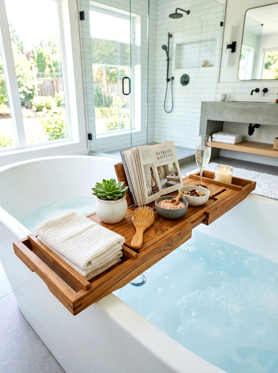 Natural Wood Bathtub Caddy - 30 bath tray styling ideas