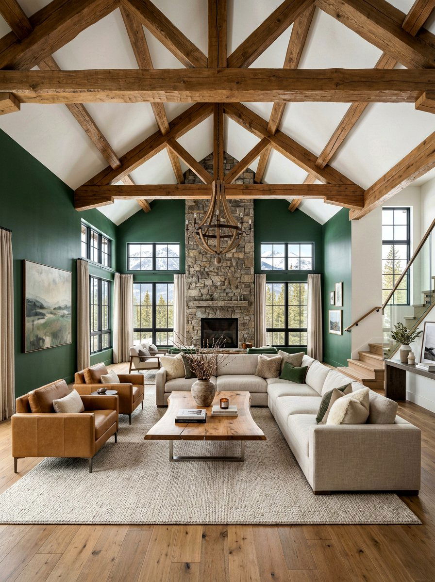Natural Wood Beam Ceiling With Forest Green Walls - 30 forest green and brown living room ideas