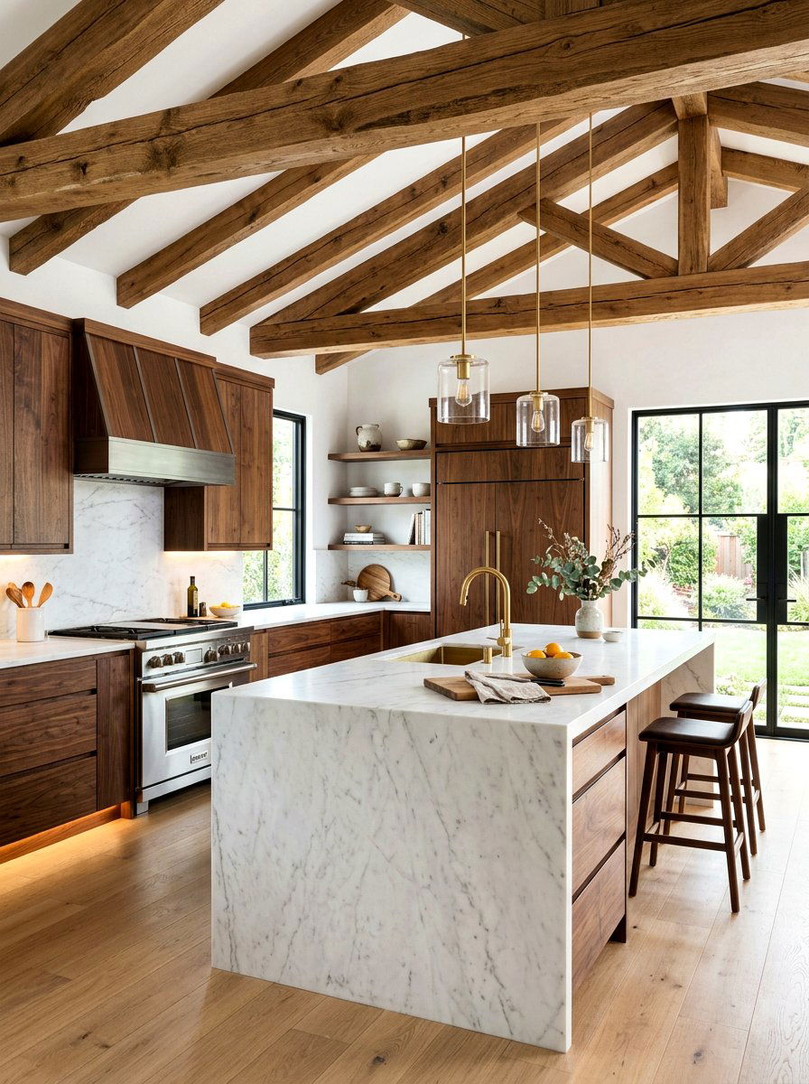 Natural Wood Beams with Dark Walnut Cabinetry Kitchen - 30 mixed wood tone decor ideas