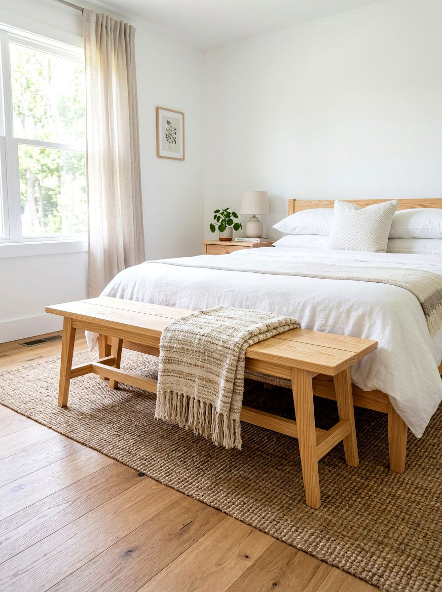 Natural Wood Bench - 30 spring bedroom glow up ideas