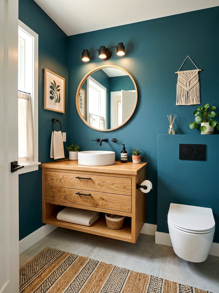 Natural Wood Cabinet - 30 deep teal powder room ideas