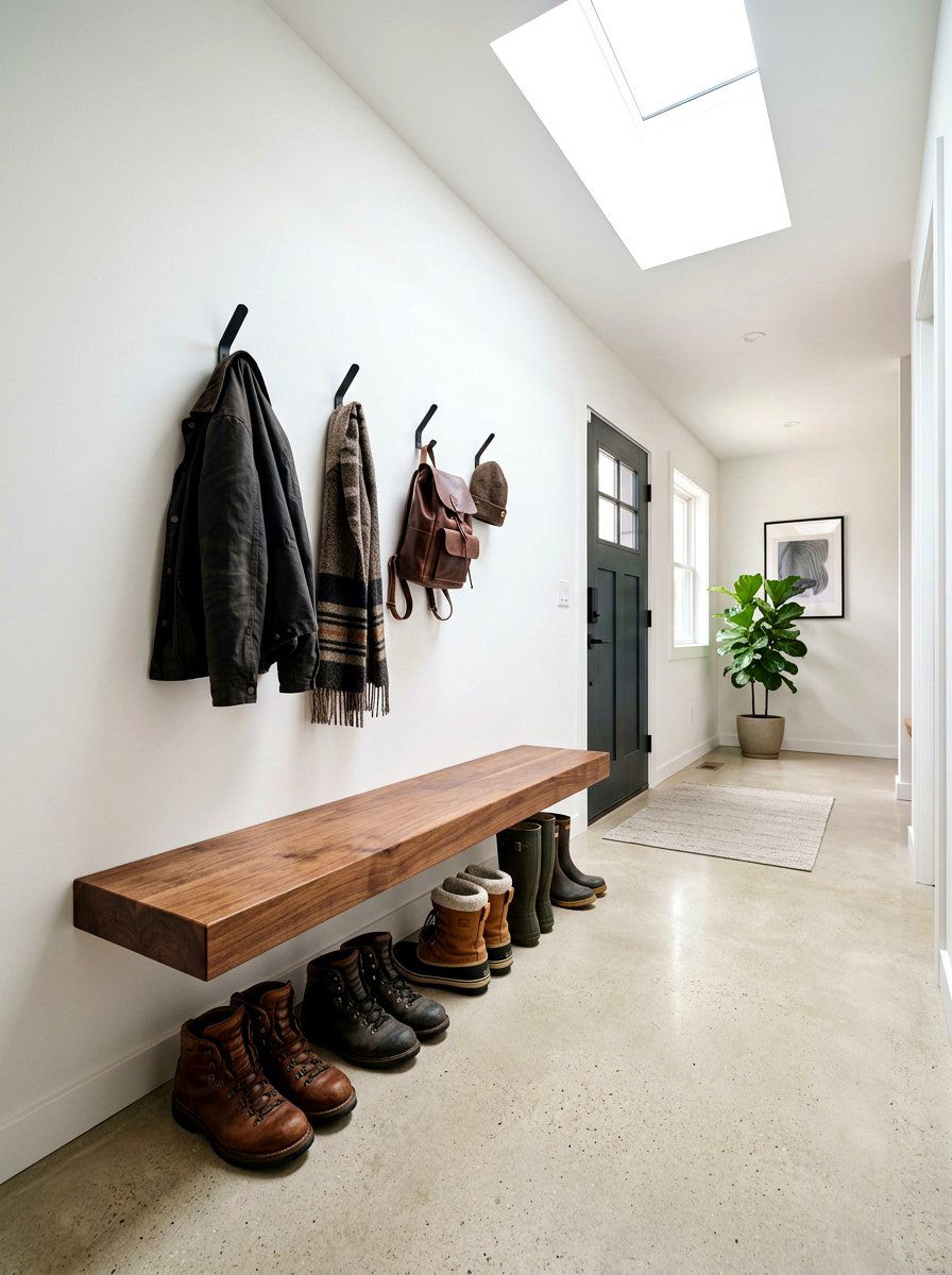 Natural Wood Floating Bench - 30 open mudroom shelving ideas