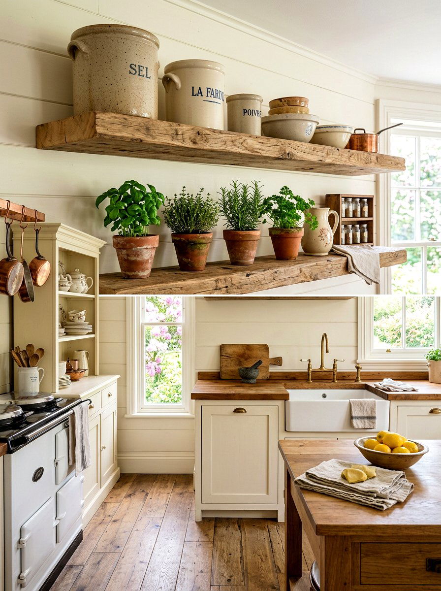 Natural Wood Floating Shelf - 30 French cottage kitchen shelf ideas