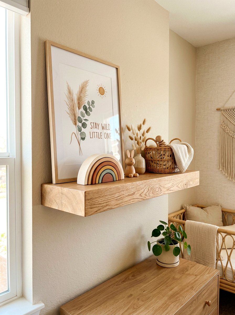 Natural Wood Floating Shelf - 30 nursery shelf styling ideas