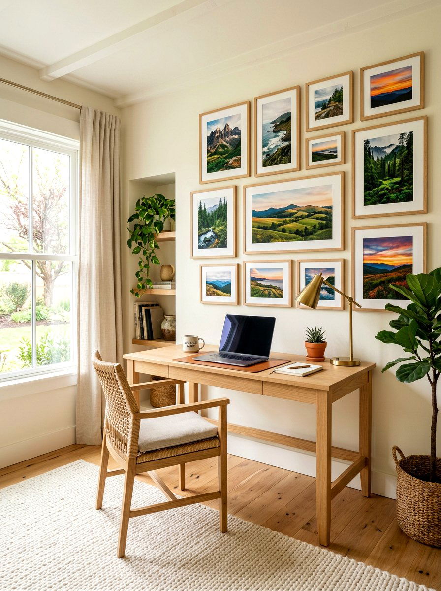 Natural Wood Framed Art - 30 art wall office ideas