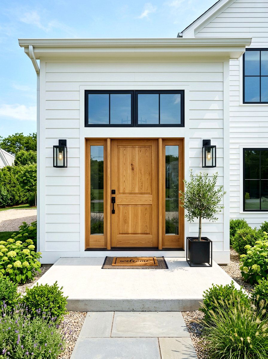 Natural Wood Front Door - 30 farmhouse front facade ideas