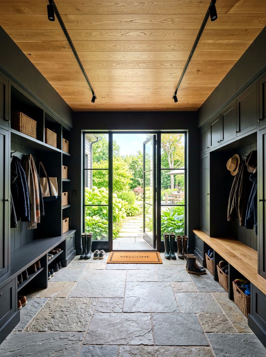 Natural Wood Mudroom Ceiling - 30 moody mudroom ideas