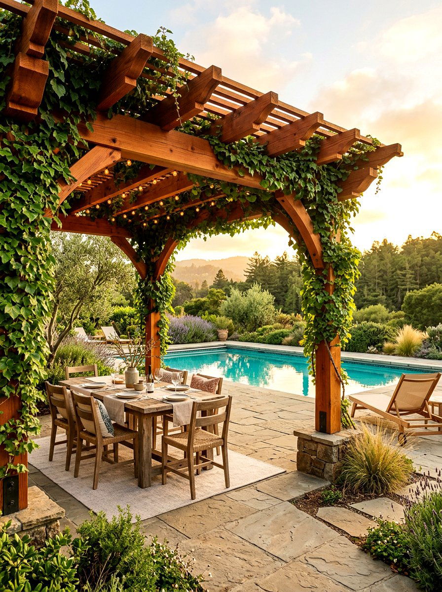 Natural Wood Pergola - 30 poolside pergola ideas