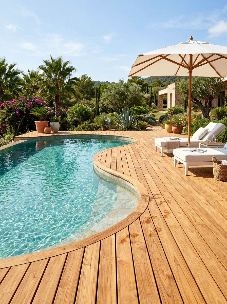 Natural Wood Pool Decking - 30 pool lounge patio ideas