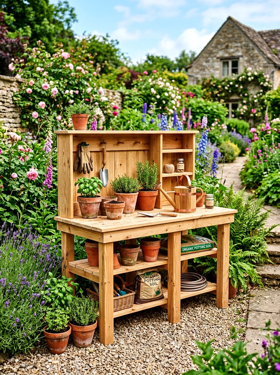 Natural Wood Potting Station - 30 greenhouse potting bench ideas