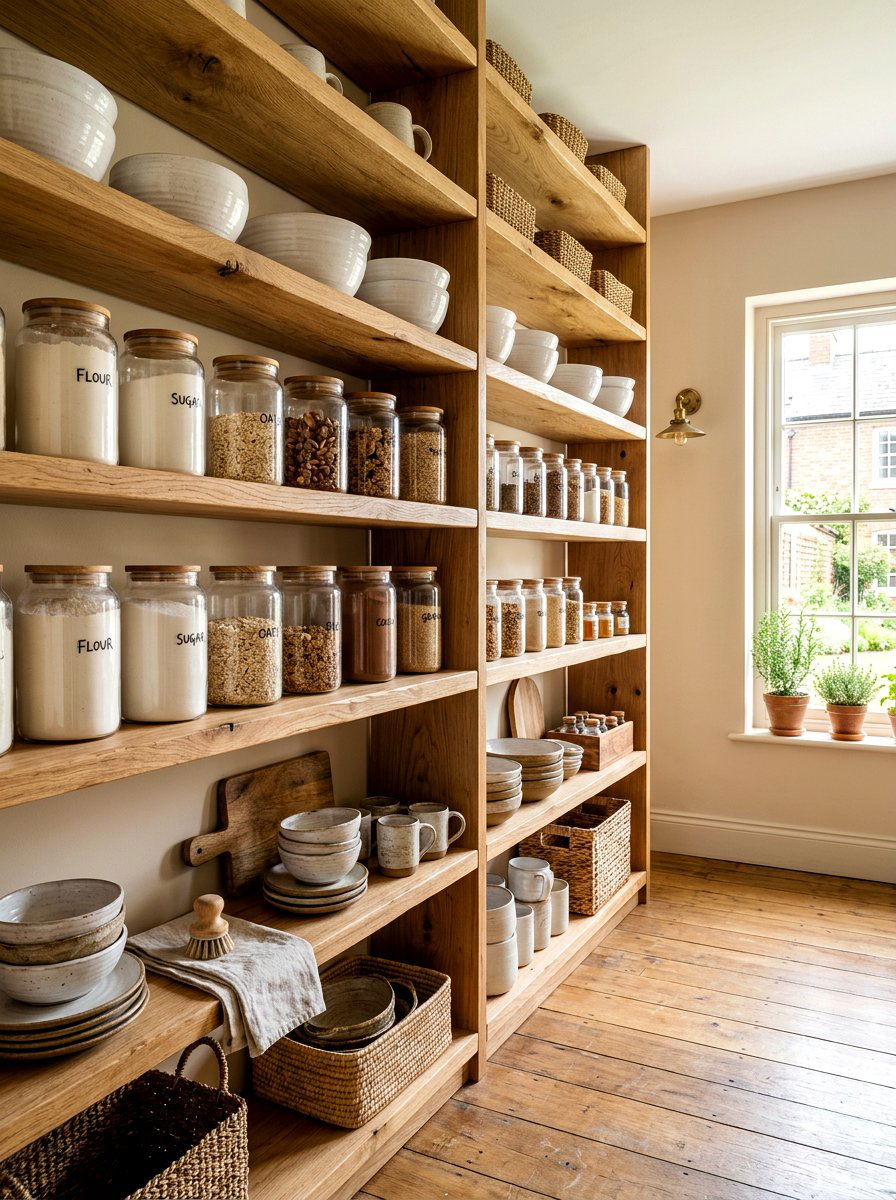 Natural Wood Shelves - 30 bakery style pantry ideas