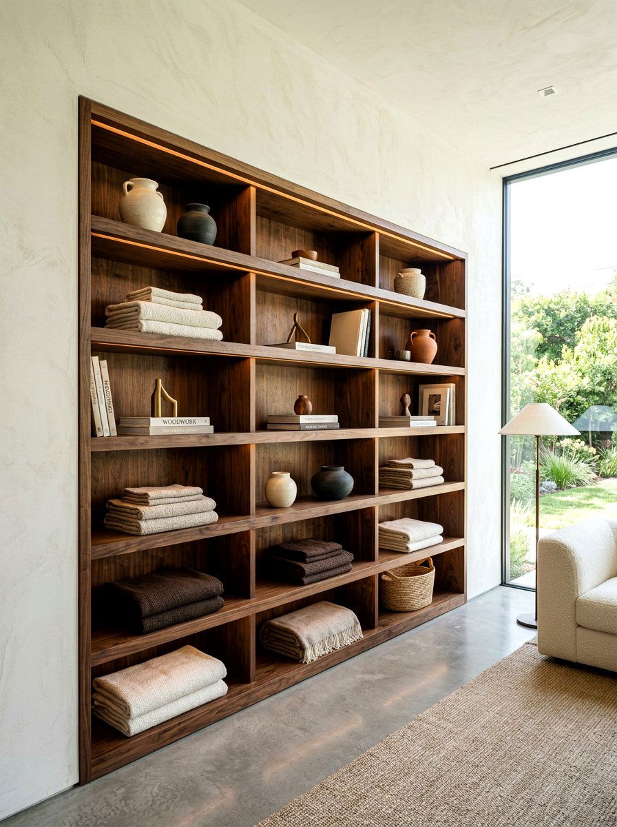 Natural Wood Shelving - 30 linen cupboard styling ideas