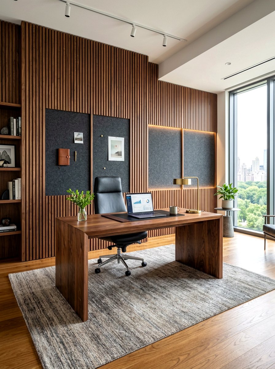 Natural Wood Slat Wall - 30 pin board office wall ideas