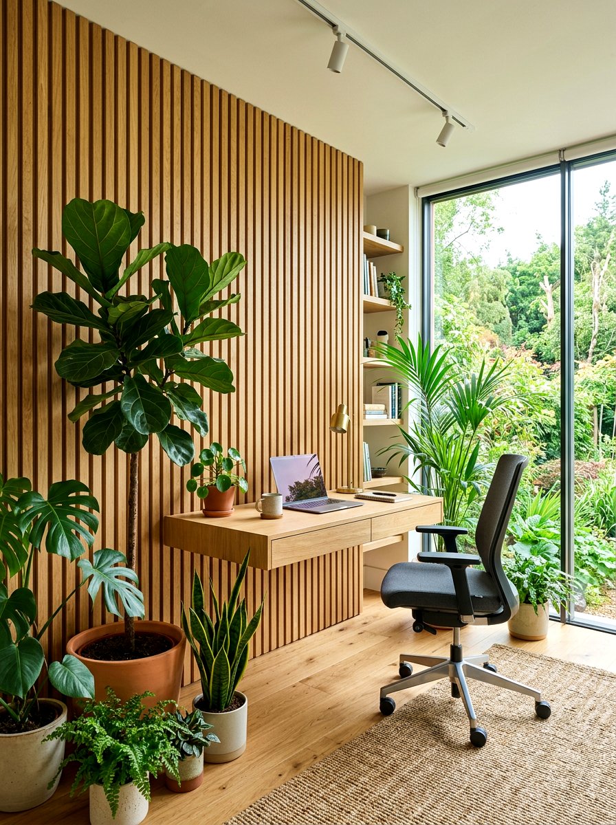 Natural Wood Slat Wall - 30 office wall molding ideas
