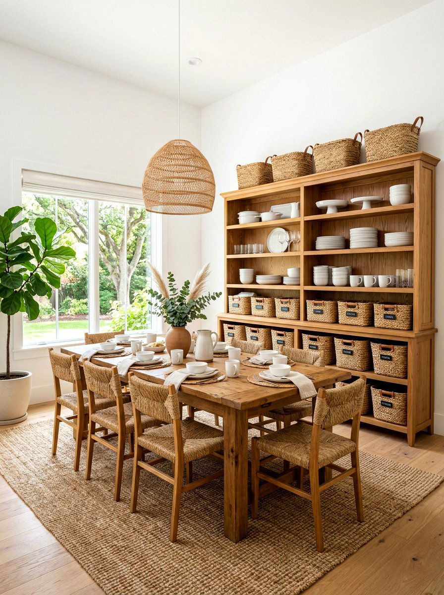 Natural Woven Basket Storage - 30 china hutch styling ideas