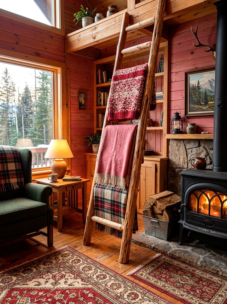 Natural cedar blanket ladder - 30 corner ladder blanket ideas