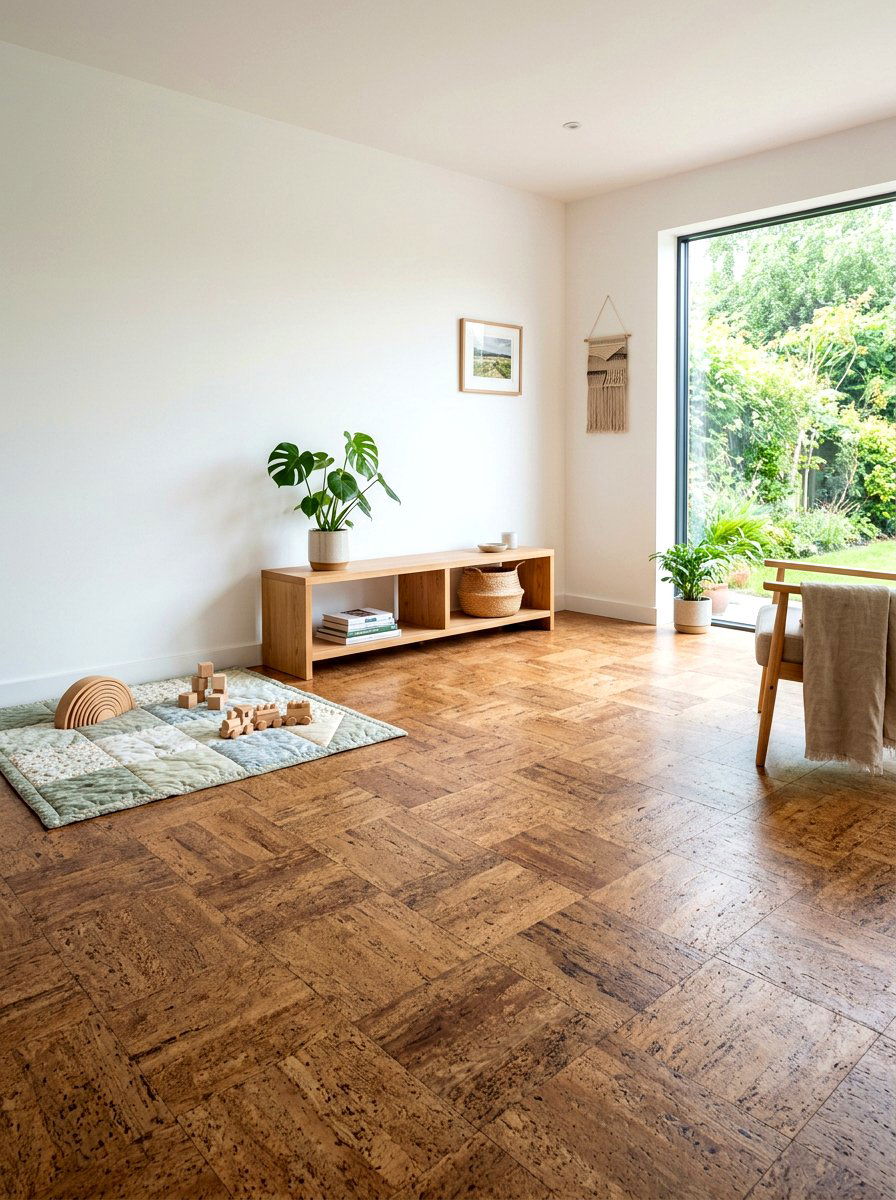 Natural cork floor tiles - 30 Montessori playroom aesthetic ideas