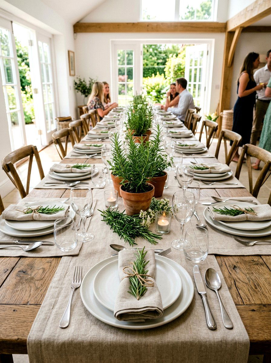 Natural linen and rosemary setting - 30 Thanksgiving brunch table ideas