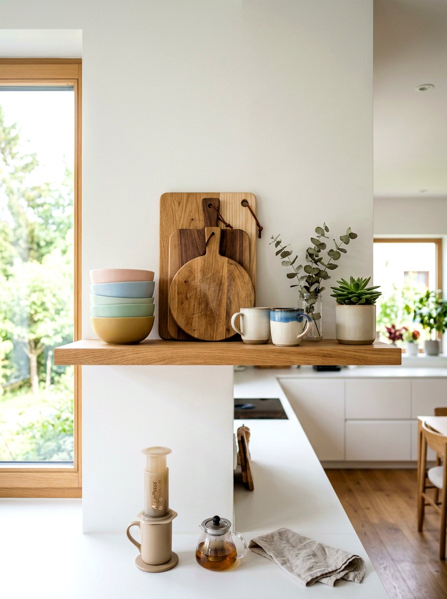 Natural oak shelf - 30 tiny kitchen open shelf ideas