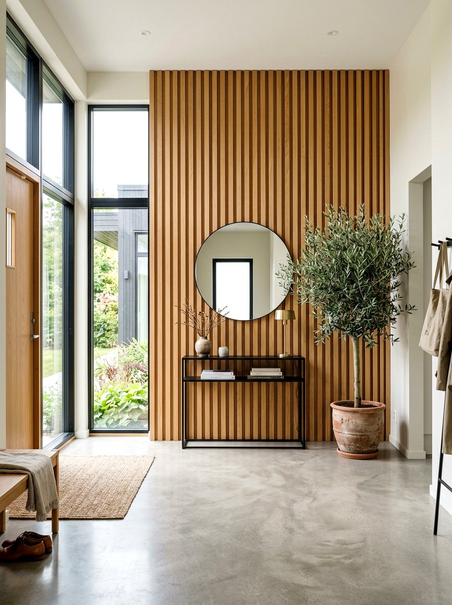 Natural oak vertical slat wall - 30 foyer wall molding ideas