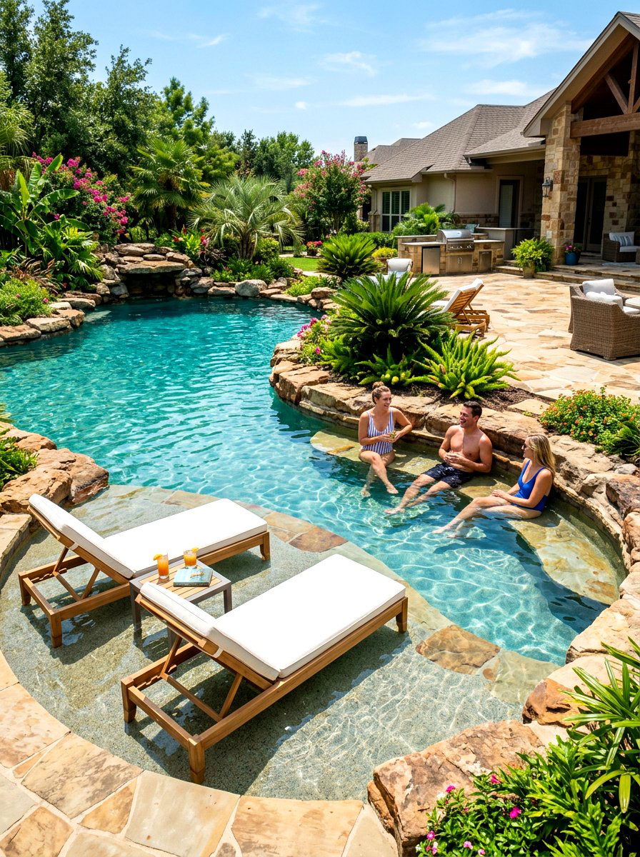 Natural pool seating - 30 natural pool backyard ideas