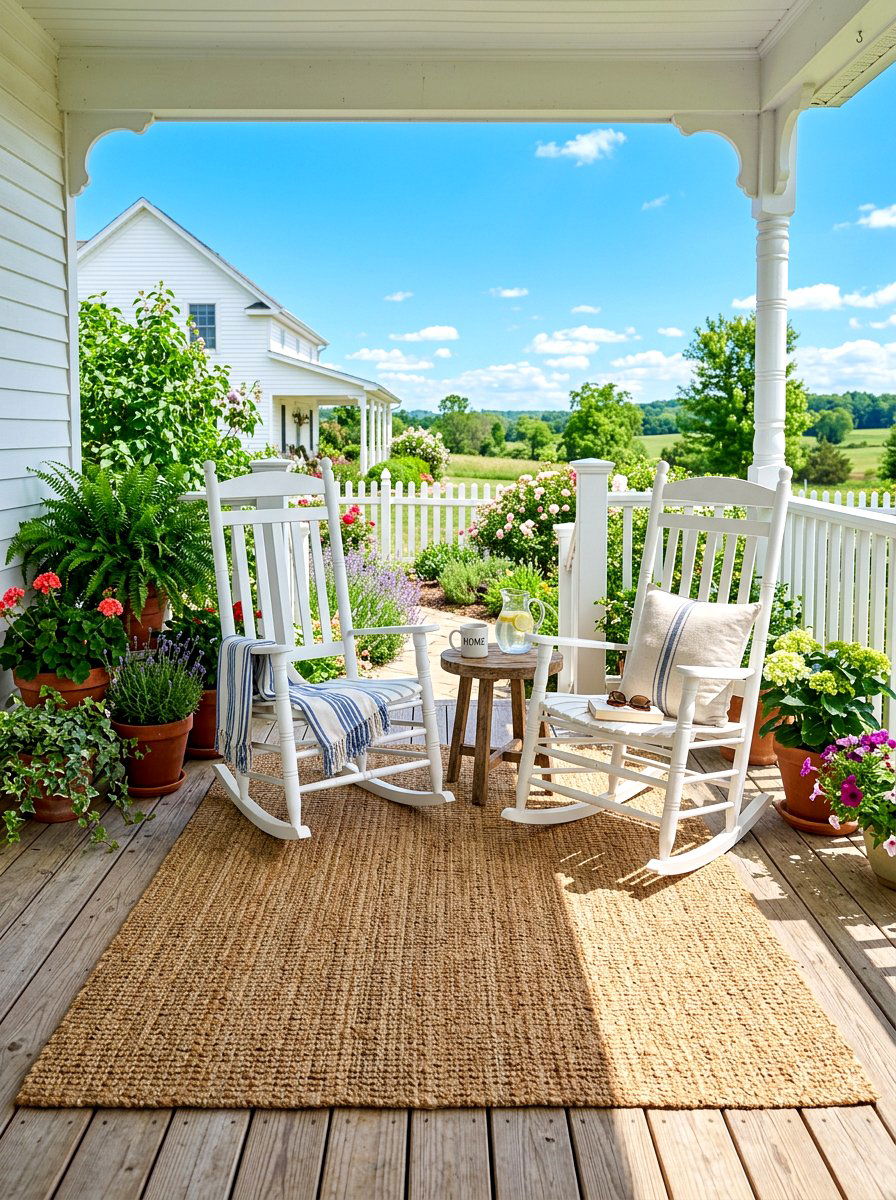 Natural sisal porch rug - 30 Nancy Meyers front porch ideas