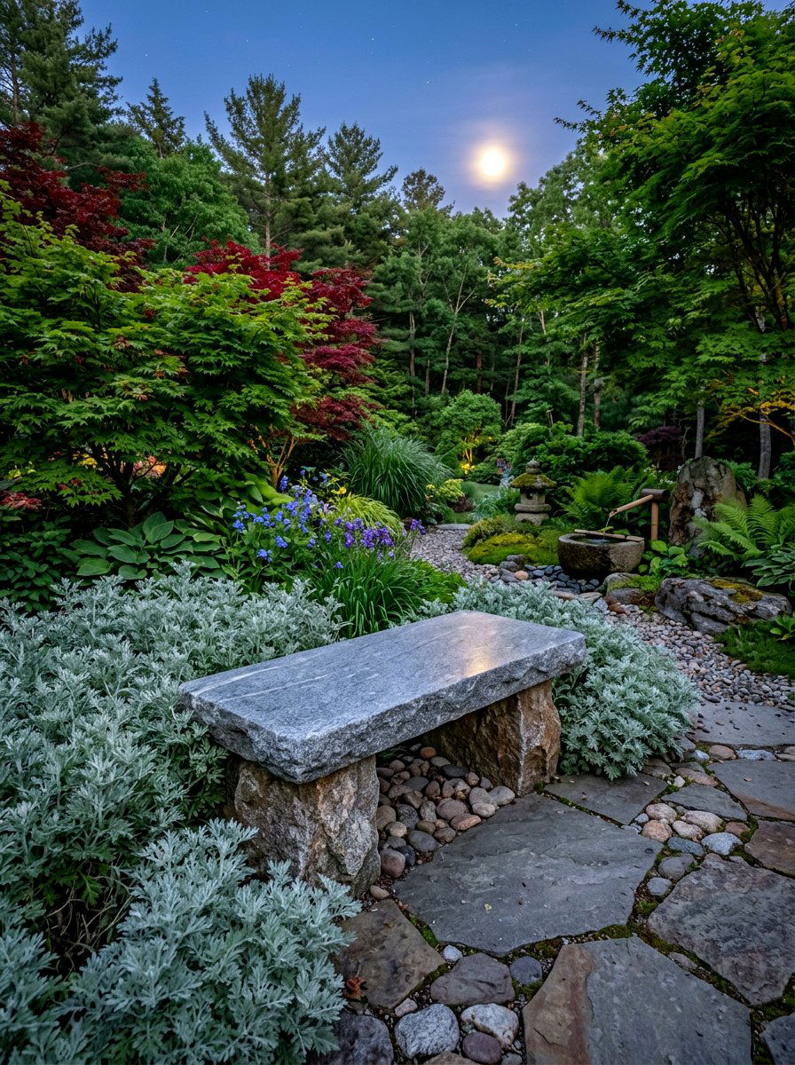Natural stone bench - 30 moonlight backyard ideas