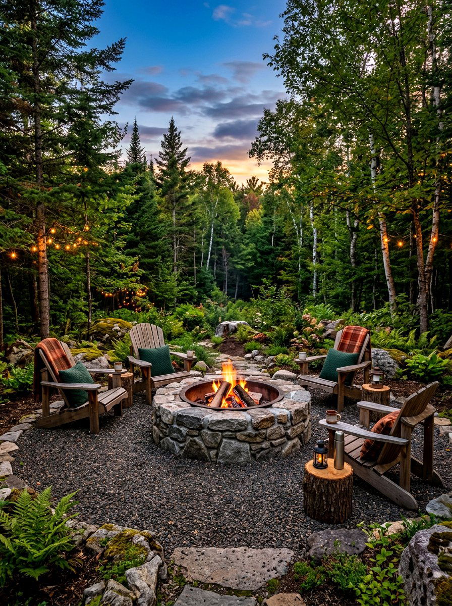Natural stone fire pit - 30 cabin backyard landscaping ideas