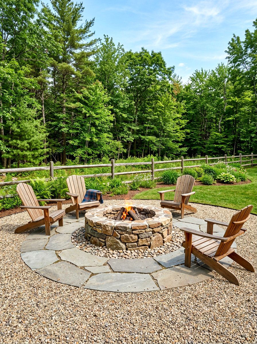 Natural stone fire pit with gravel - 30 paver fire pit patio ideas