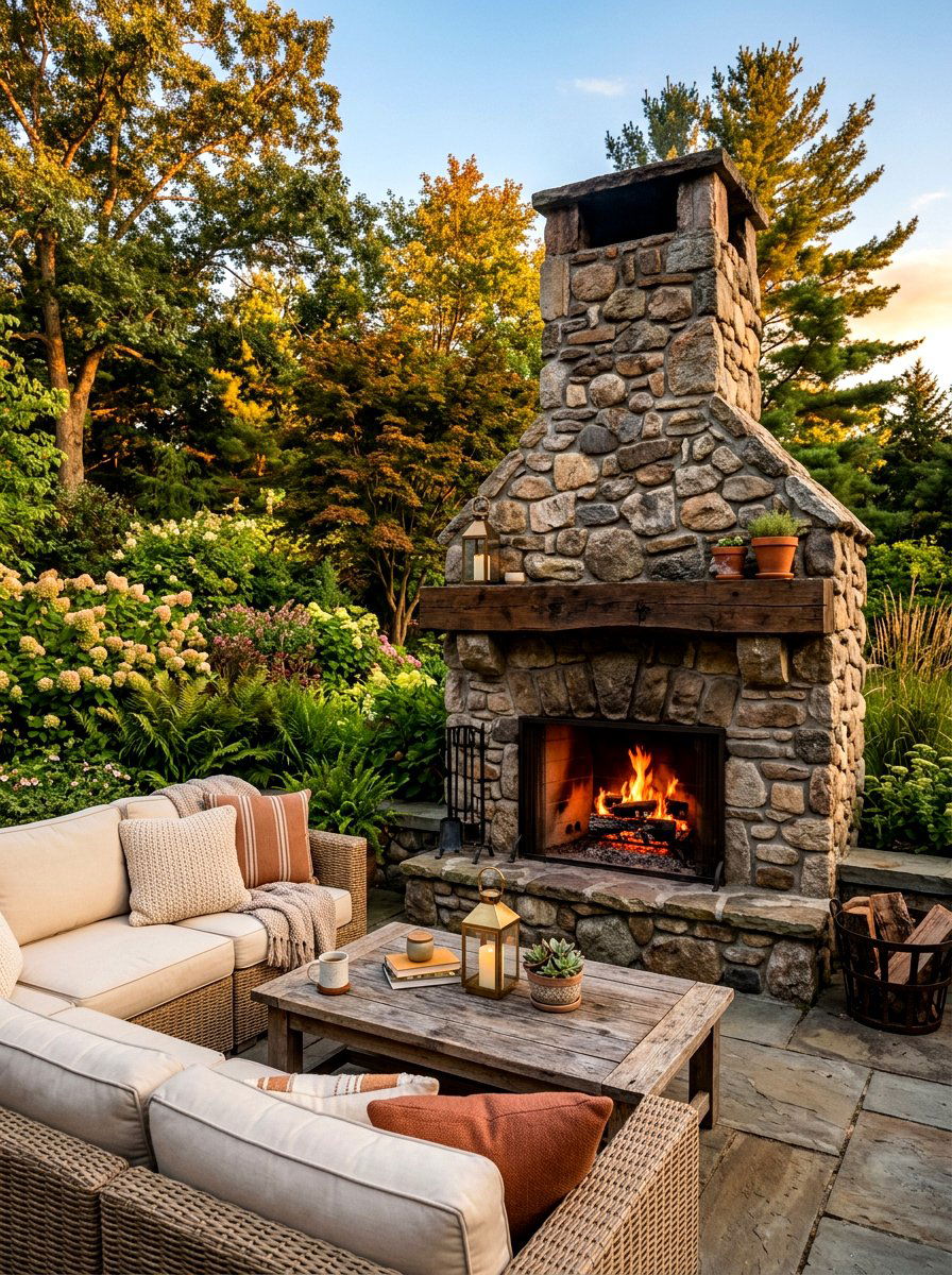 Natural stone patio fireplace - 30 patio fireplace lounge ideas