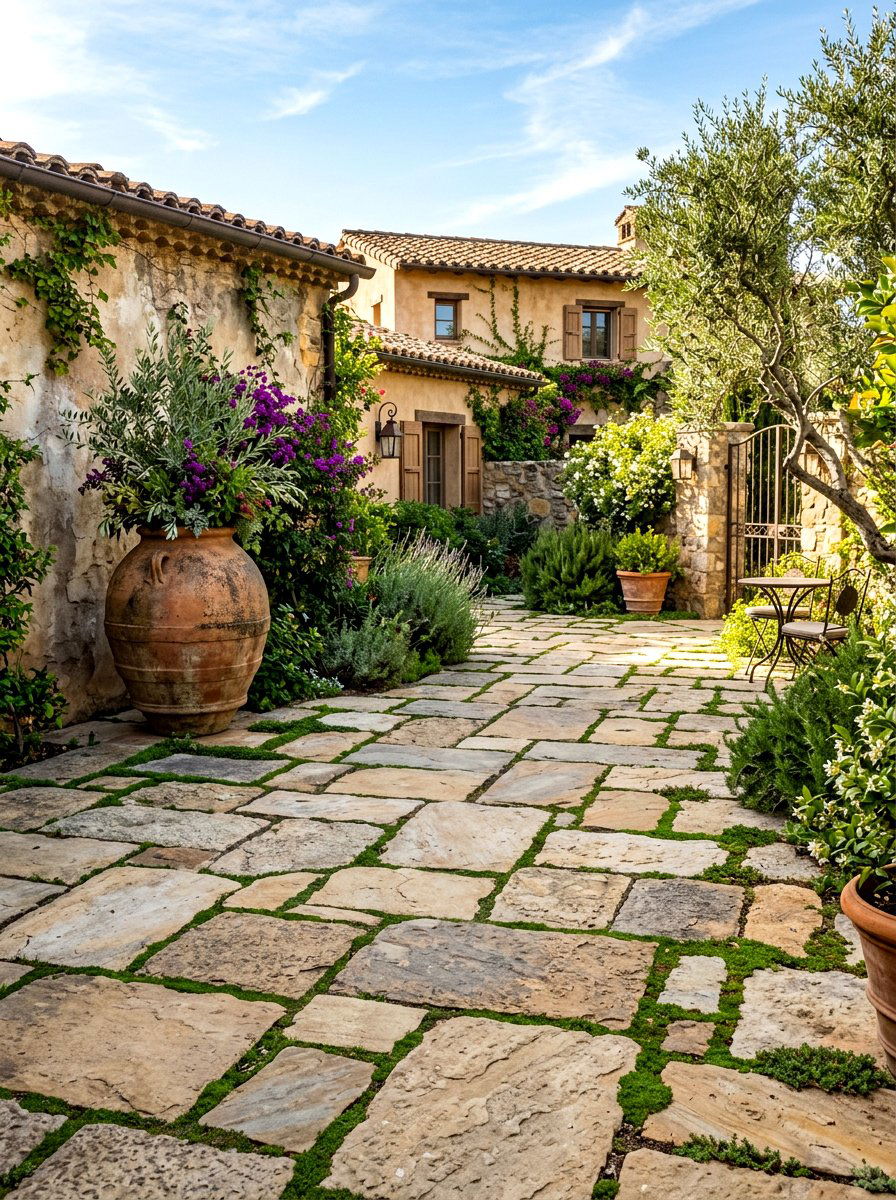 Natural stone paver courtyard - 30 Mediterranean front courtyard ideas