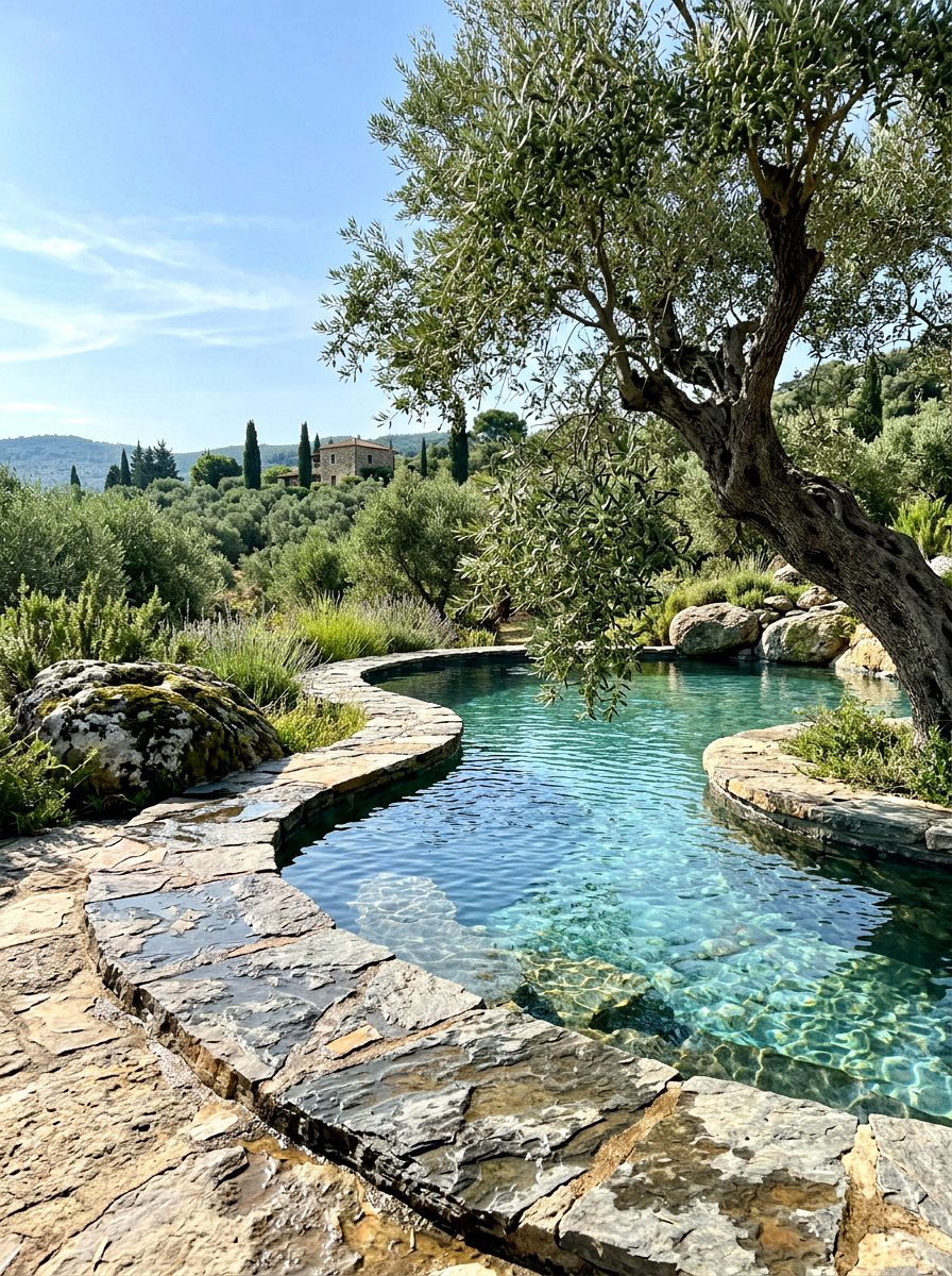 Natural stone pool coping with olive trees - 30 poolside olive trees ideas