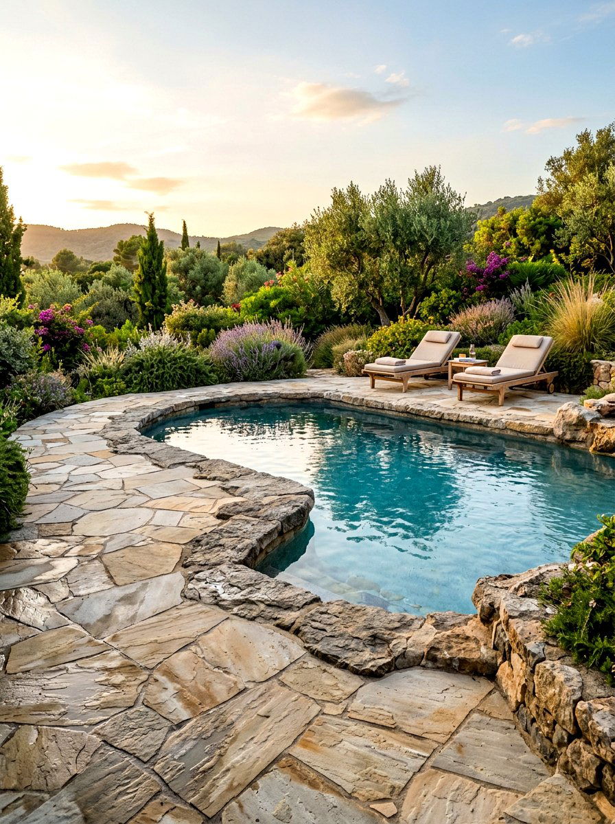 Natural stone pool patio - 30 small poolside patio ideas