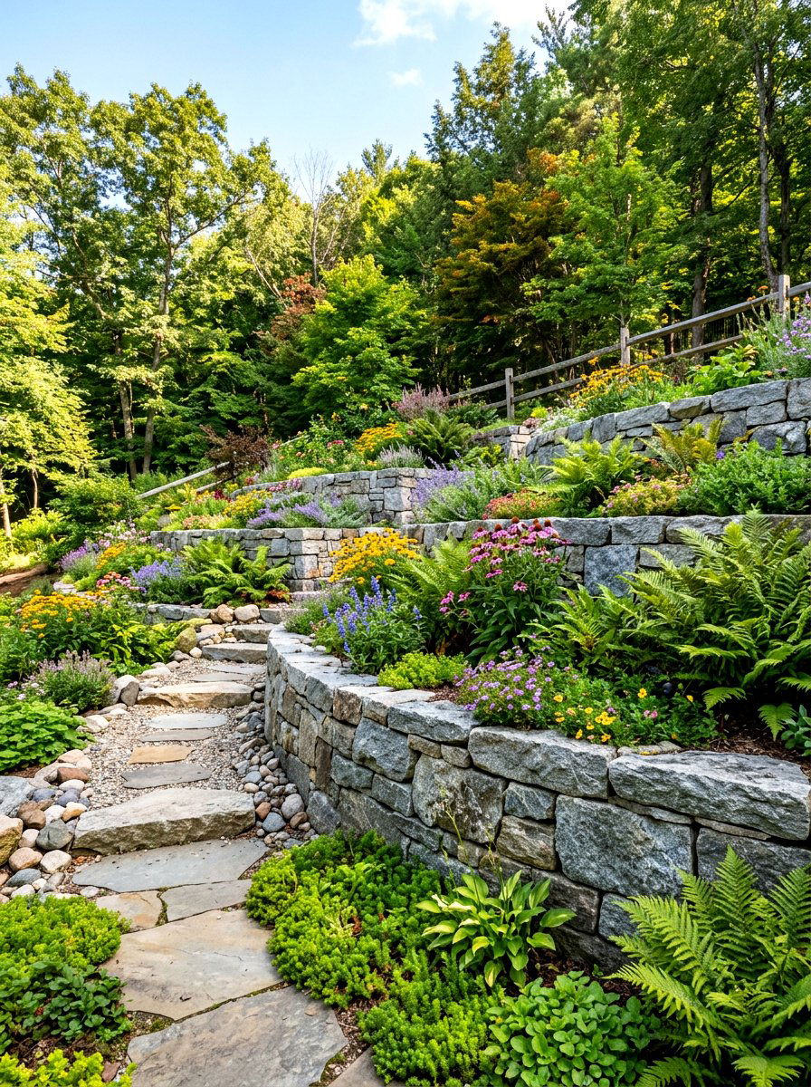 Natural stone retaining wall - 30 sloped backyard retaining wall ideas