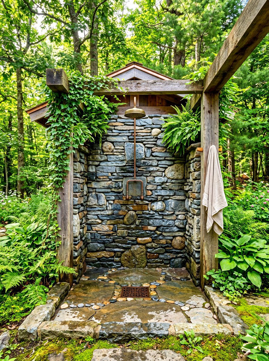Natural stone shower wall - 30 outdoor shower privacy ideas