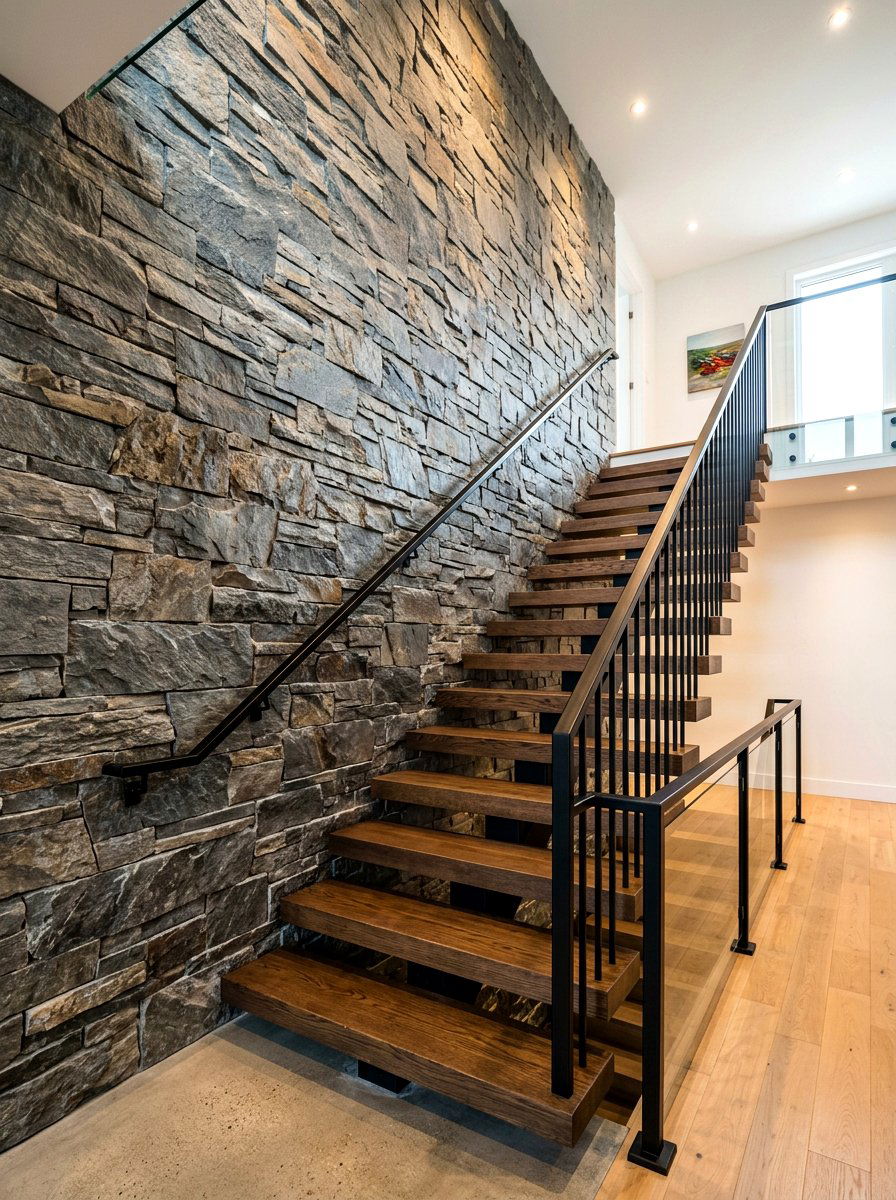 Natural stone veneer - 30 staircase wall ideas