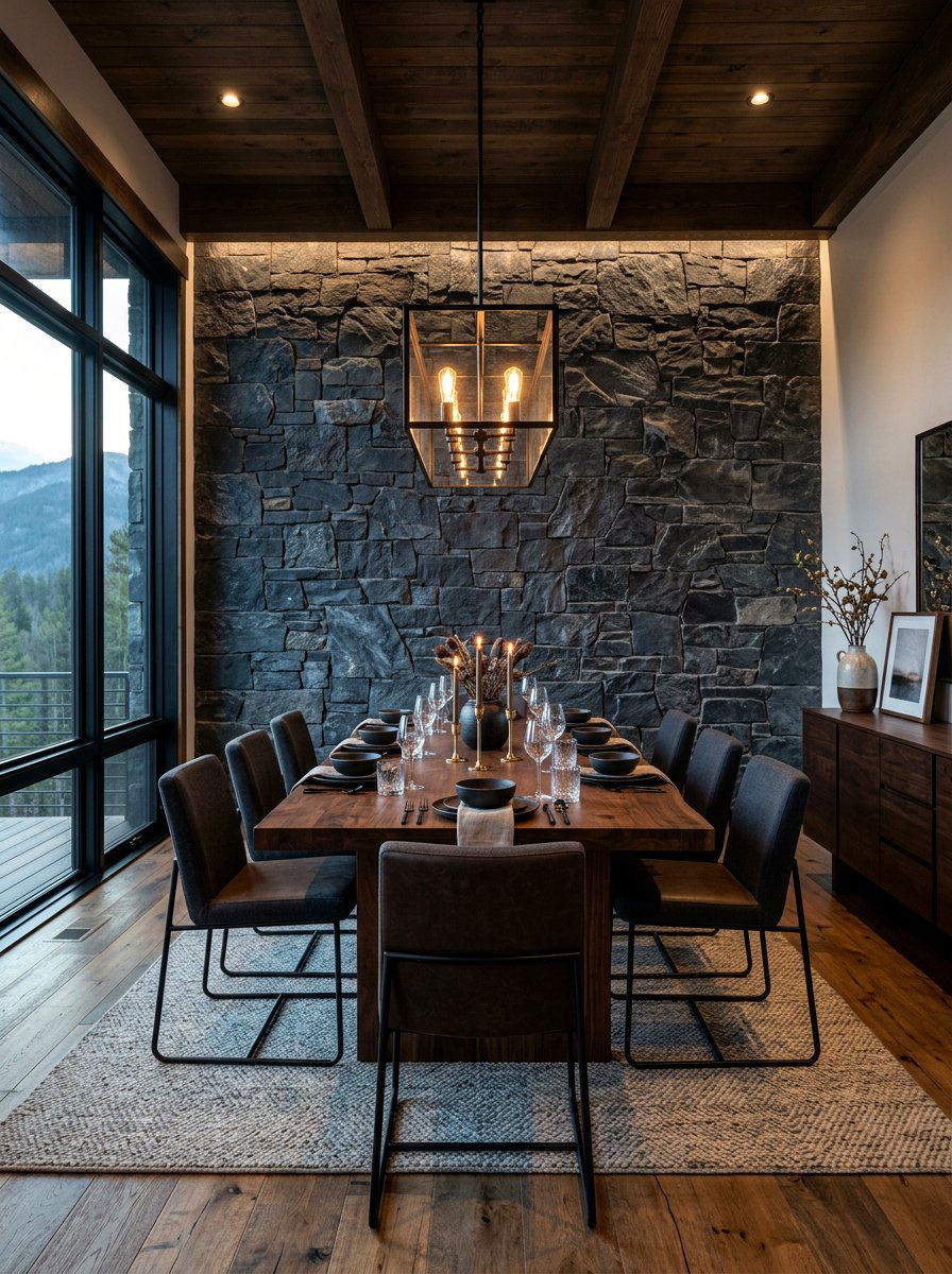 Natural stone wall - 30 moody supper club dining ideas