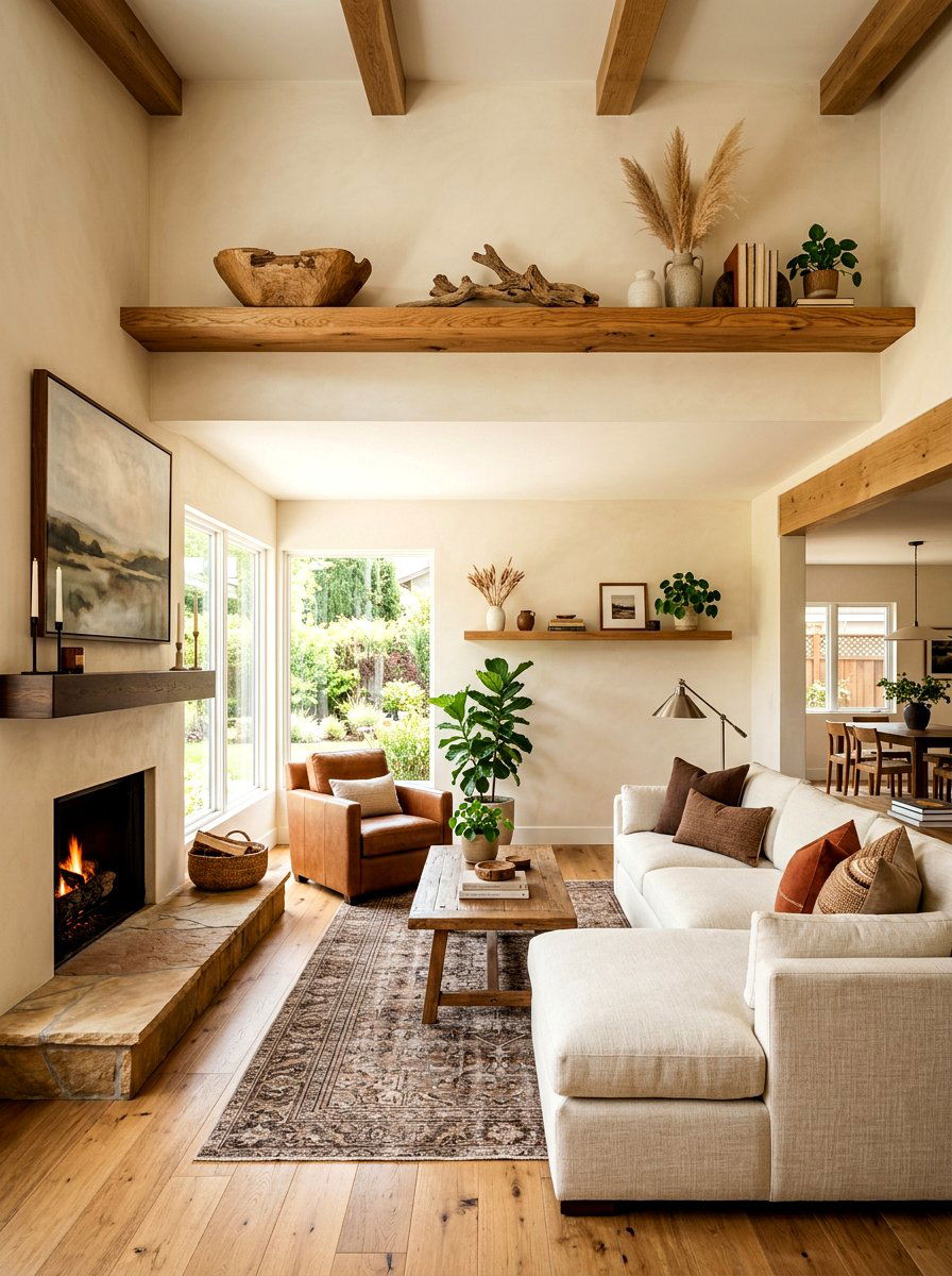 Natural wood accent shelf - 30 wellness shelf styling ideas