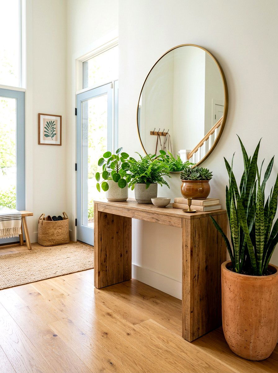 Natural wood and greenery - 30 foyer console styling ideas