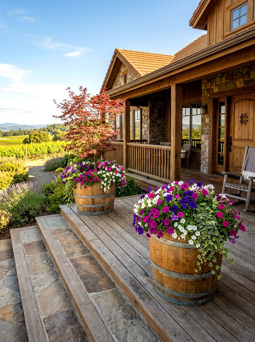 Natural wood barrel halves - 30 porch step planter ideas