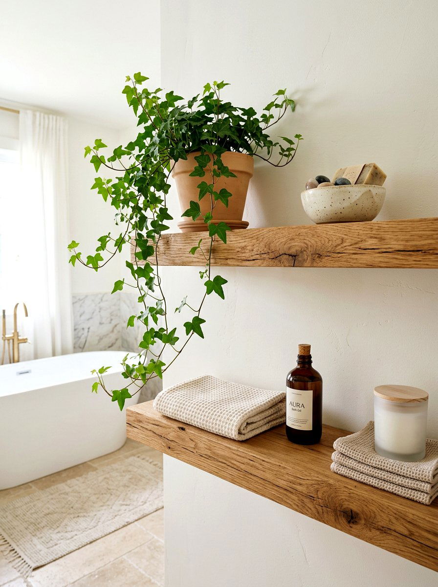 Natural wood bathroom shelf - 30 spa shelf styling bathroom ideas