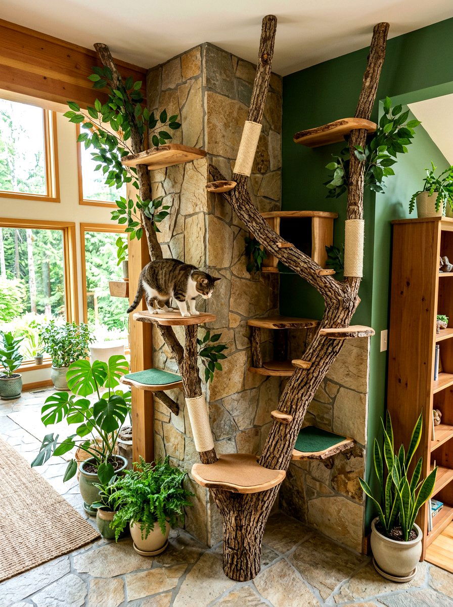 Natural wood cat climbing corner - 30 cat climbing corner ideas