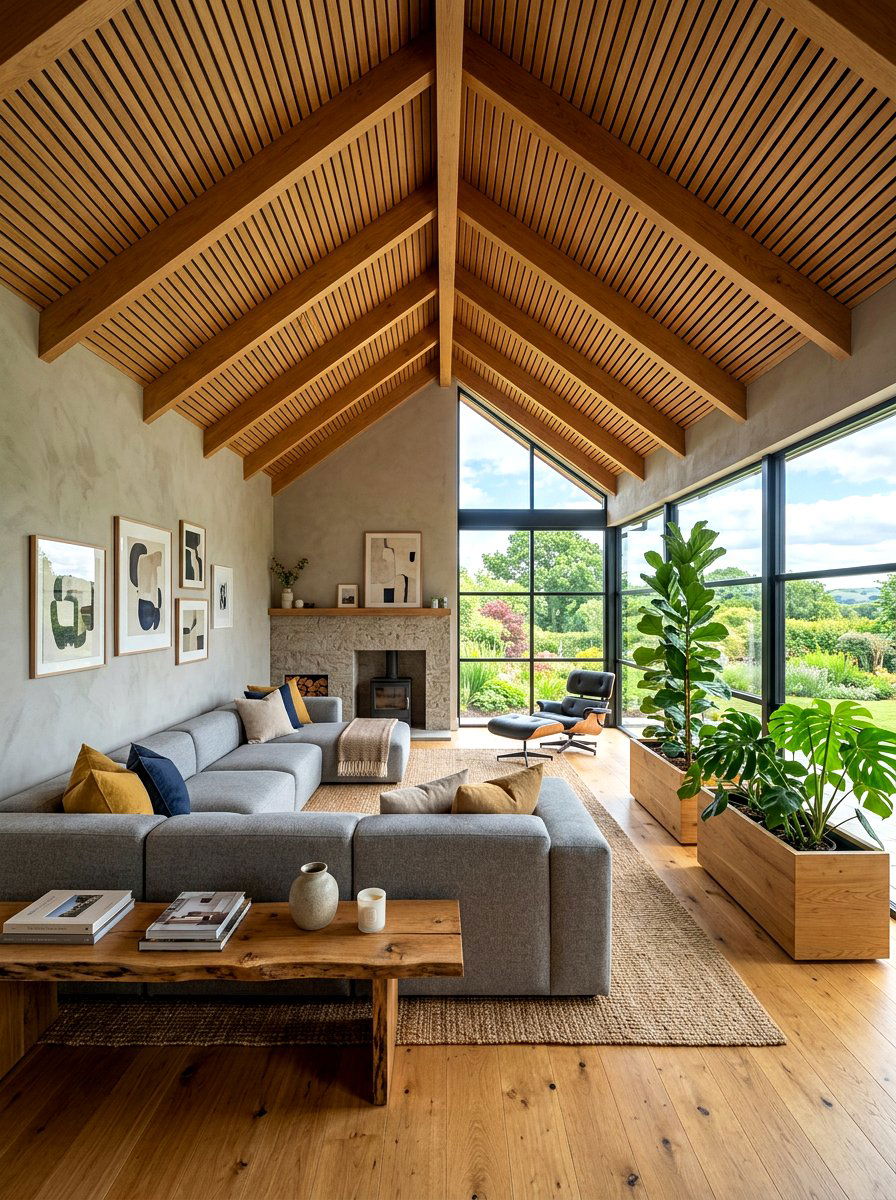 Natural wood ceiling with gray walls - 30 warm gray and wood living room ideas